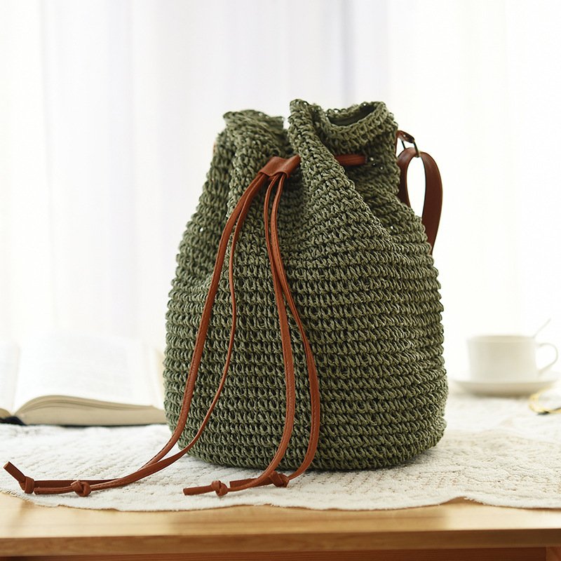 Ethnic Style Drawstring Woven Straw Bag - Image 4