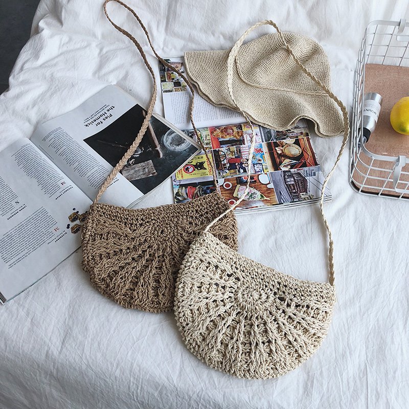 Women small Semicircle Tassel Knitting Straw bag Summer Travel Rattan Tote Knitted Hand Bag Girls Shoulder Tote Keys Coin bag - Image 2