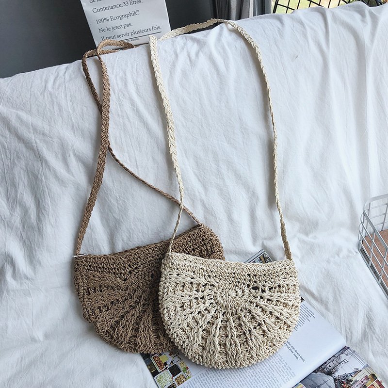 Women small Semicircle Tassel Knitting Straw bag Summer Travel Rattan Tote Knitted Hand Bag Girls Shoulder Tote Keys Coin bag - Image 5