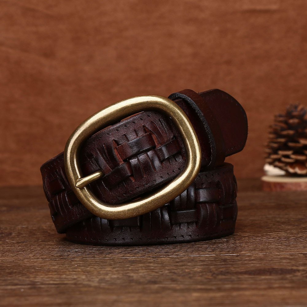 Men's Hand-woven First Layer Cow Leather Belt Personalized Punch-free Brass Buckle - Image 5