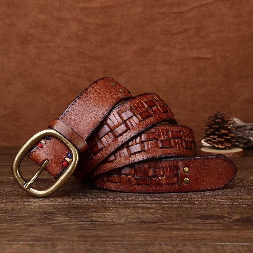 Men's Hand-woven First Layer Cow Leather Belt Personalized Punch-free Brass Buckle - Image 6