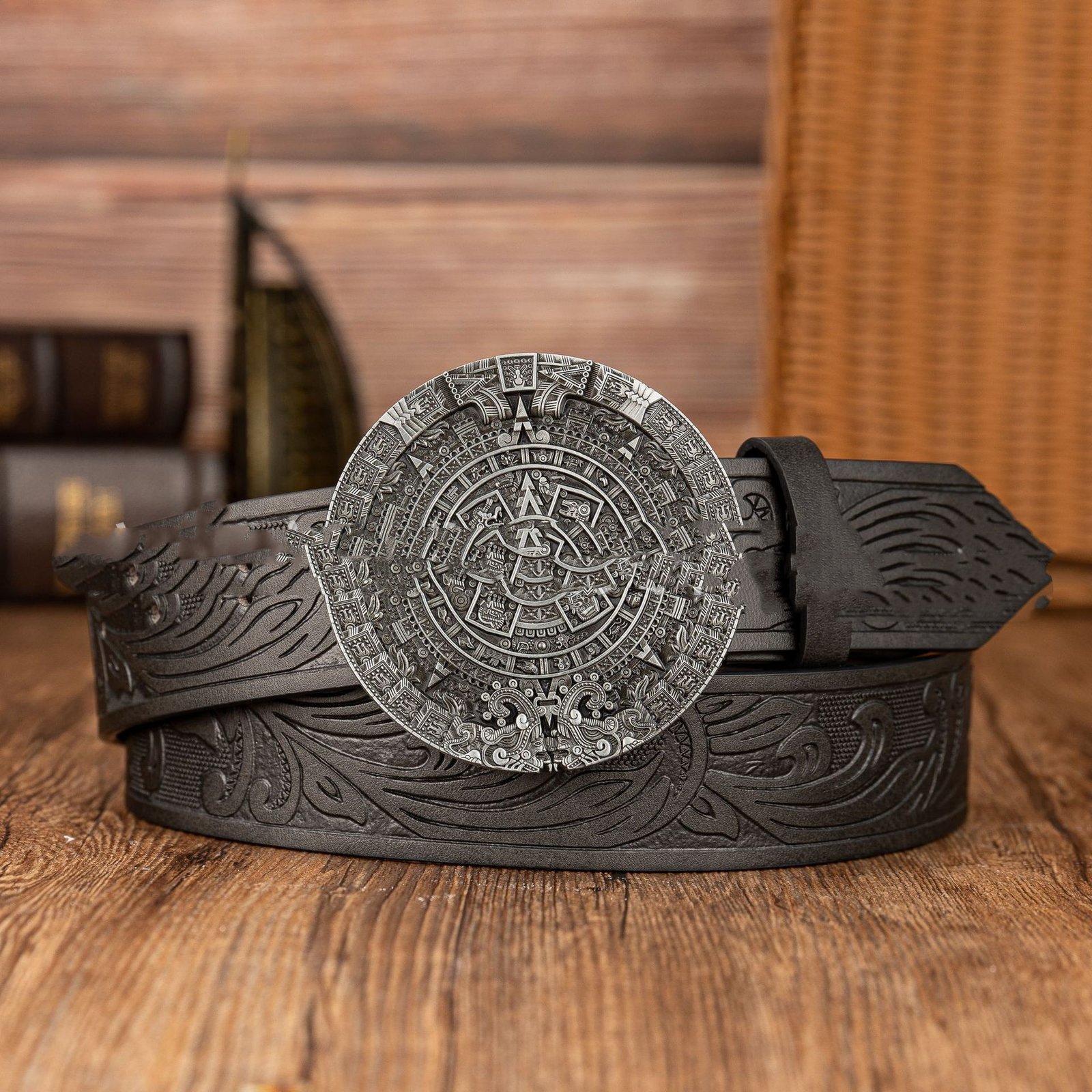 Aztec Sun Calendar Stone Buckle Retro PU Leather Belt - Image 2