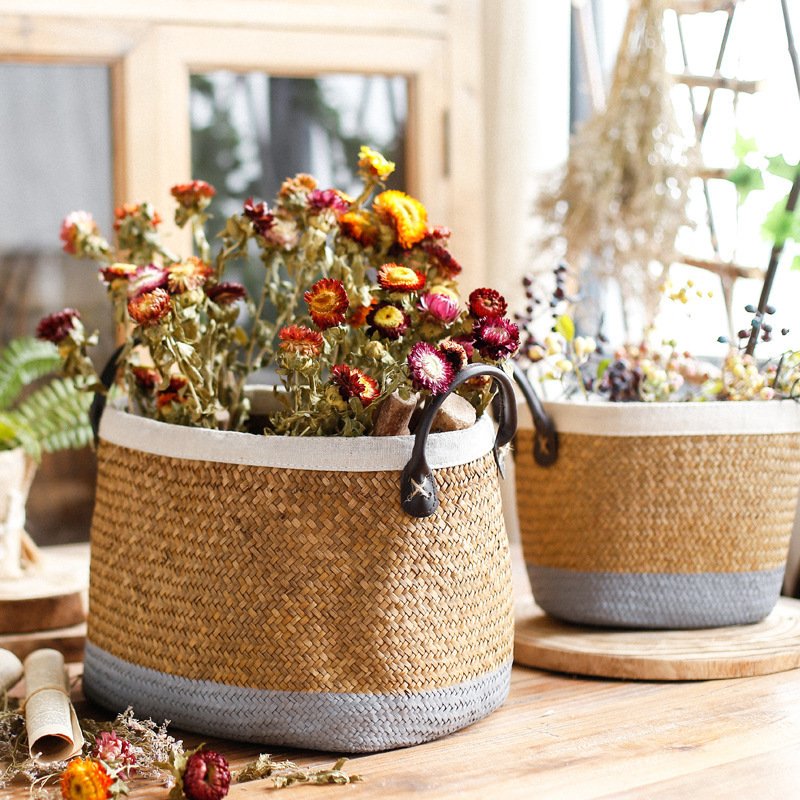 Pastoral Handmade Seagrass Basket Painted Linen Edge Flower Pot PU Handle Braided Basket Rattan Woven Basket Big Laundry Basket - Image 5