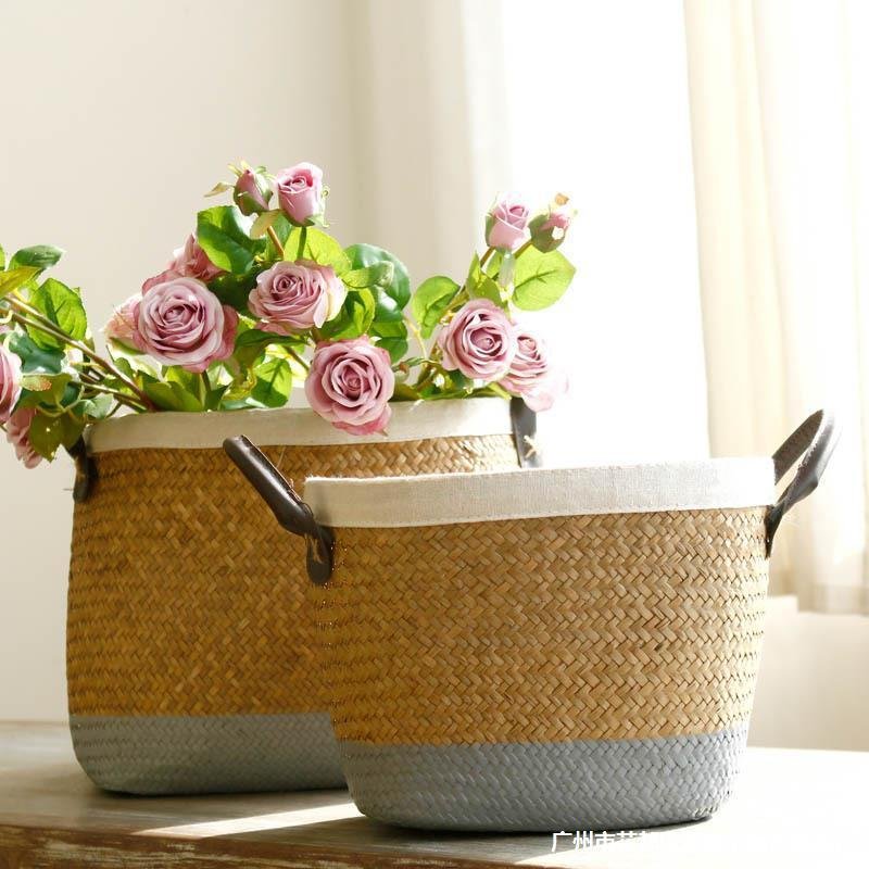 Pastoral Handmade Seagrass Basket Painted Linen Edge Flower Pot PU Handle Braided Basket Rattan Woven Basket Big Laundry Basket - Image 3