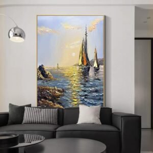 Sea Boat Handmade Painting Artwork Oil Paintings Living Room Canvas Modern Pictures Landscape Wall Art Home Living Room Decor No Framed