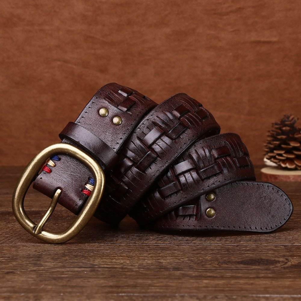 Men's Hand-woven First Layer Cow Leather Belt Personalized Punch-free Brass Buckle - Image 4
