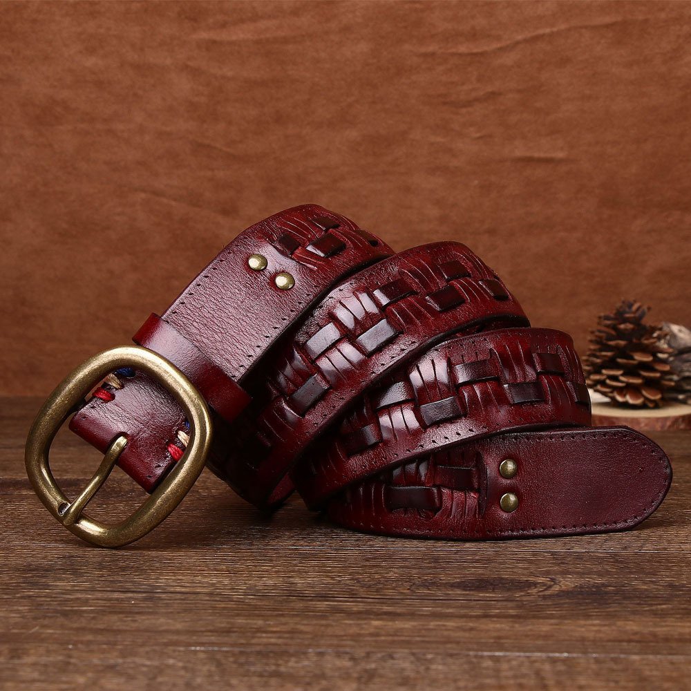Men's Hand-woven First Layer Cow Leather Belt Personalized Punch-free Brass Buckle - Image 9