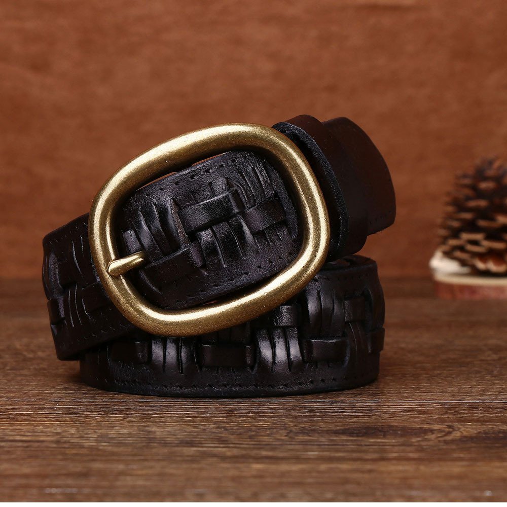 Men's Hand-woven First Layer Cow Leather Belt Personalized Punch-free Brass Buckle - Image 3