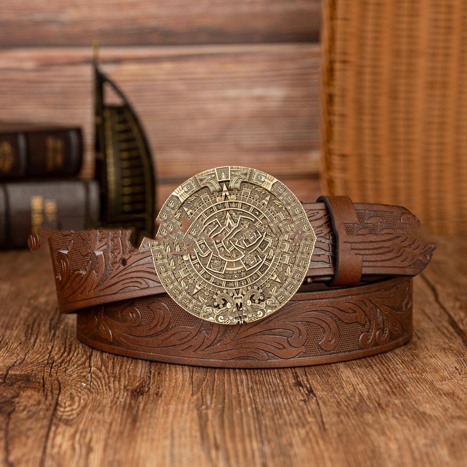 Aztec Sun Calendar Stone Buckle Retro PU Leather Belt - Image 4
