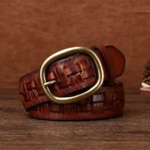 Men's Hand-woven First Layer Cow Leather Belt Personalized Punch-free Brass Buckle