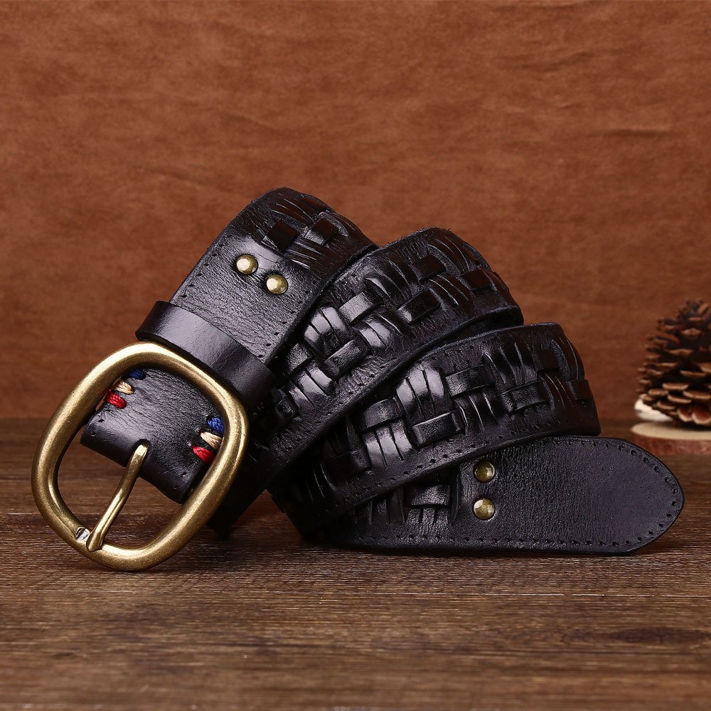 Men's Hand-woven First Layer Cow Leather Belt Personalized Punch-free Brass Buckle - Image 2