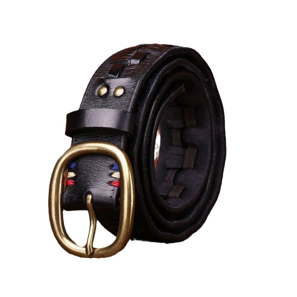 Men's Hand-woven First Layer Cow Leather Belt Personalized Punch-free Brass Buckle - Image 7